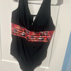 Soft Surroundings Black Swimsuit with Red Floral Band (never worn)